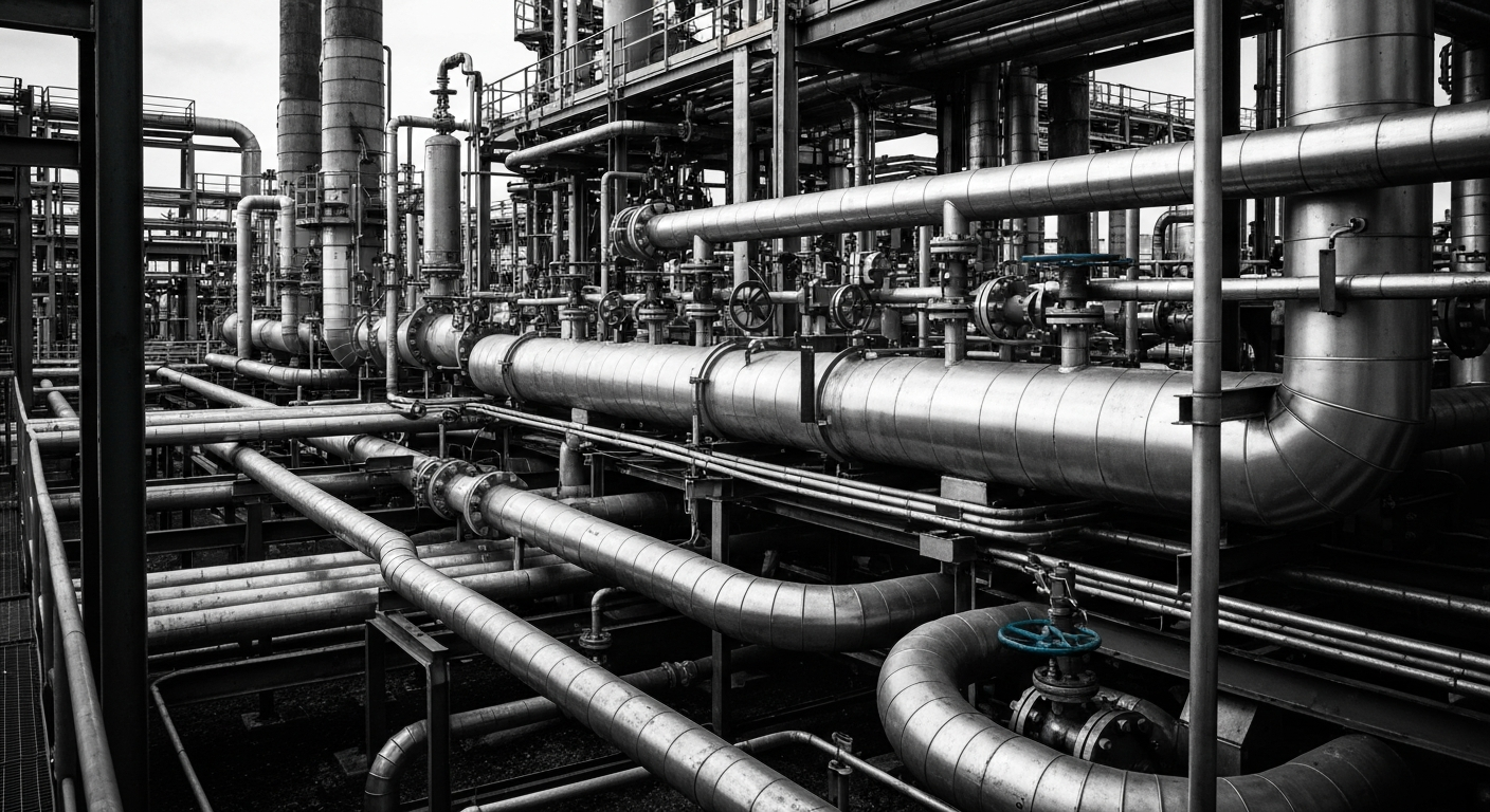 A dramatic, high-contrast close-up image of the intricate machinery and pipes that make up an energy transfer facility, conveying the scale, complexity, and industrial power of the company's midstream operations.