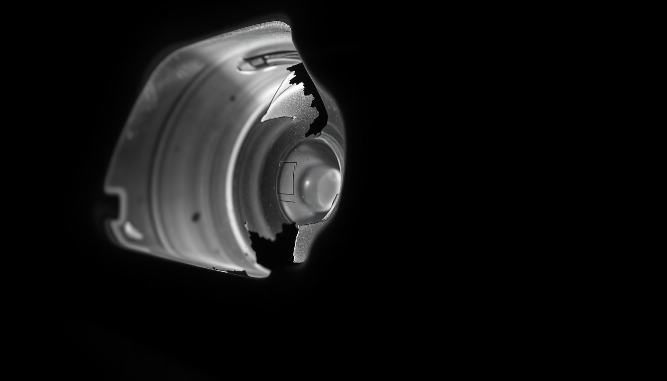 An extreme close-up of a shattered car sensor lens reflecting a faint red light, conceptually illustrating the vandalism of self-driving cars.