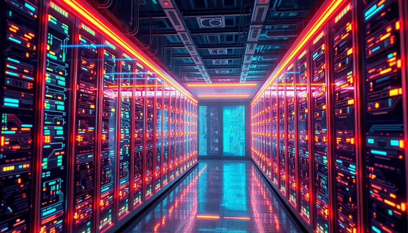 A highly detailed, glowing 3D illustration of a futuristic data center or server farm, with intricate circuitry, pulsing neon lights, and a sense of technological complexity, conceptually representing the power and potential of AI infrastructure in the workplace.