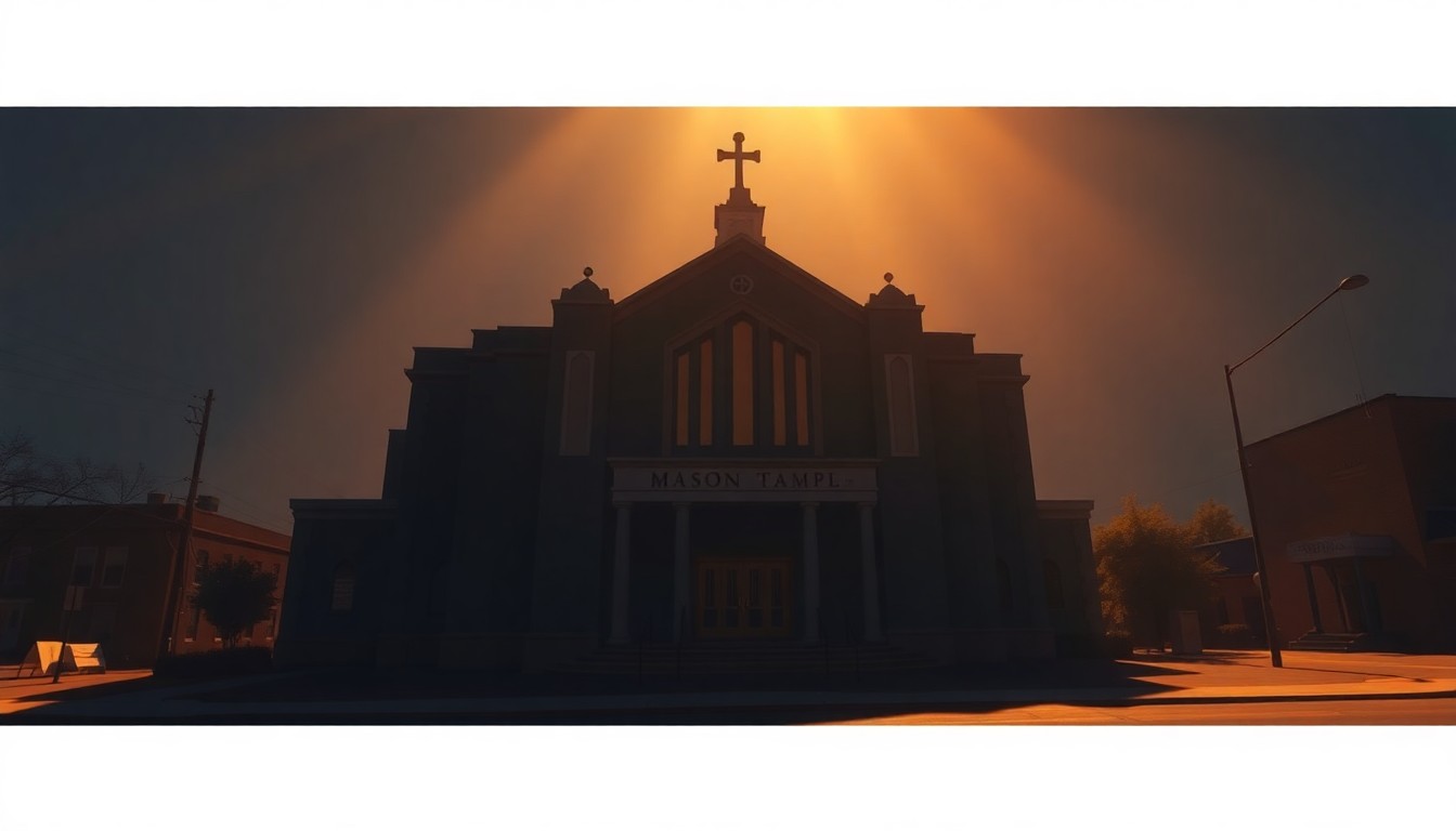 A serene, photorealistic painting of the exterior of a historic church building in Memphis, Tennessee, with warm sunlight casting long shadows across the facade and surrounding trees. The image conveys a sense of reverence and timelessness, capturing the significance of this site as a key location in the Civil Rights Movement.