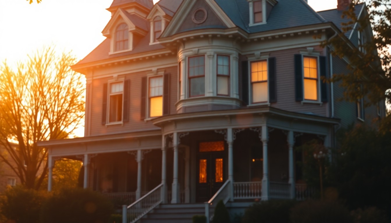 An impressionistic, out-of-focus photograph of the exterior of a grand Victorian home, with warm pools of light and color creating a dreamlike, atmospheric quality that captures the timeless elegance of the property.