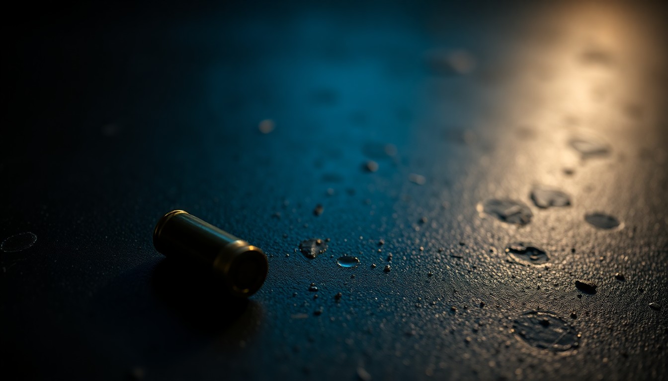 An extreme close-up photograph of a single spent bullet casing on a dark, textured surface, dramatically lit by a harsh camera flash to create a gritty, investigative aesthetic.