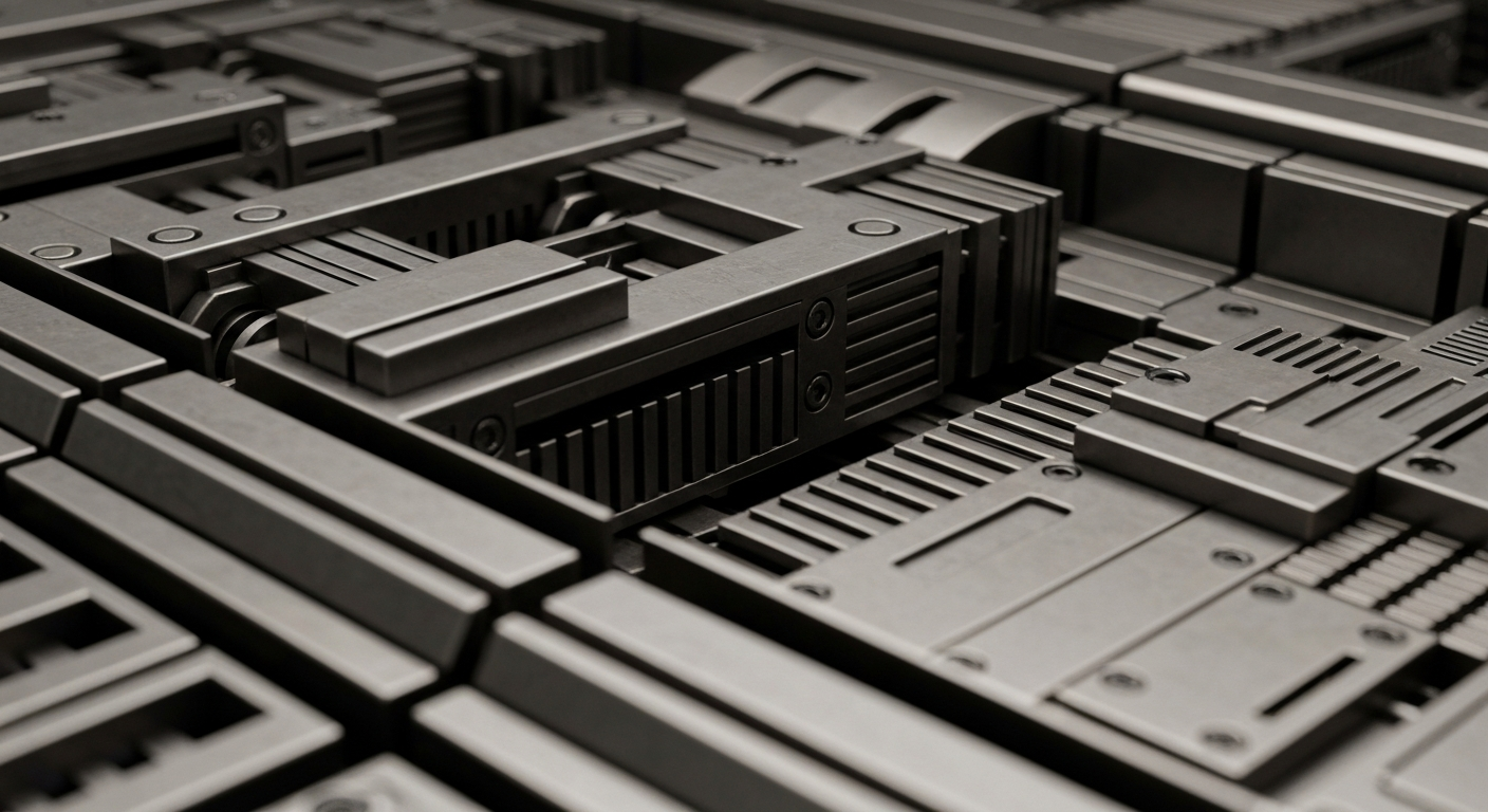An extreme close-up of complex, interlocking mechanical and electronic components in shades of gray, bronze, and black, conceptually representing the sophisticated financial and technological systems that power a major enterprise software company.