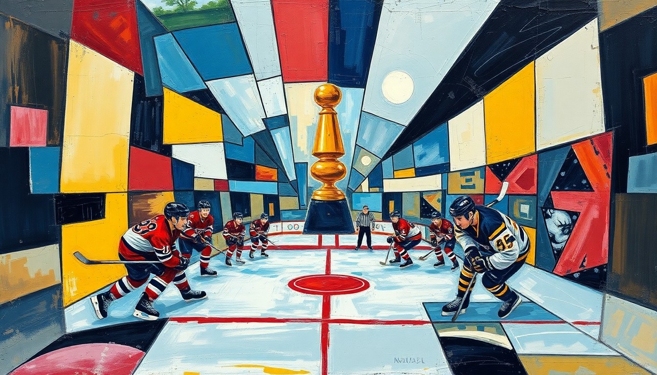 A cubist, geometric painting depicting a hockey game, with players and the puck fragmented into overlapping angular shapes in a vibrant color palette of blues, reds, and yellows, conveying the dynamic energy and competitive spirit of the championship match.