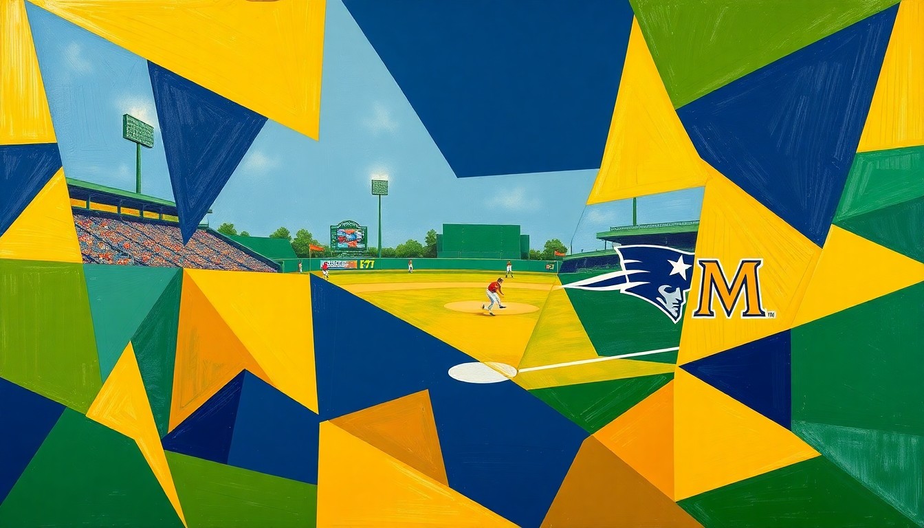 A fragmented, geometric painting depicting a softball game in progress, with the players and field broken down into sharp, overlapping planes of navy blue, gold, and green.