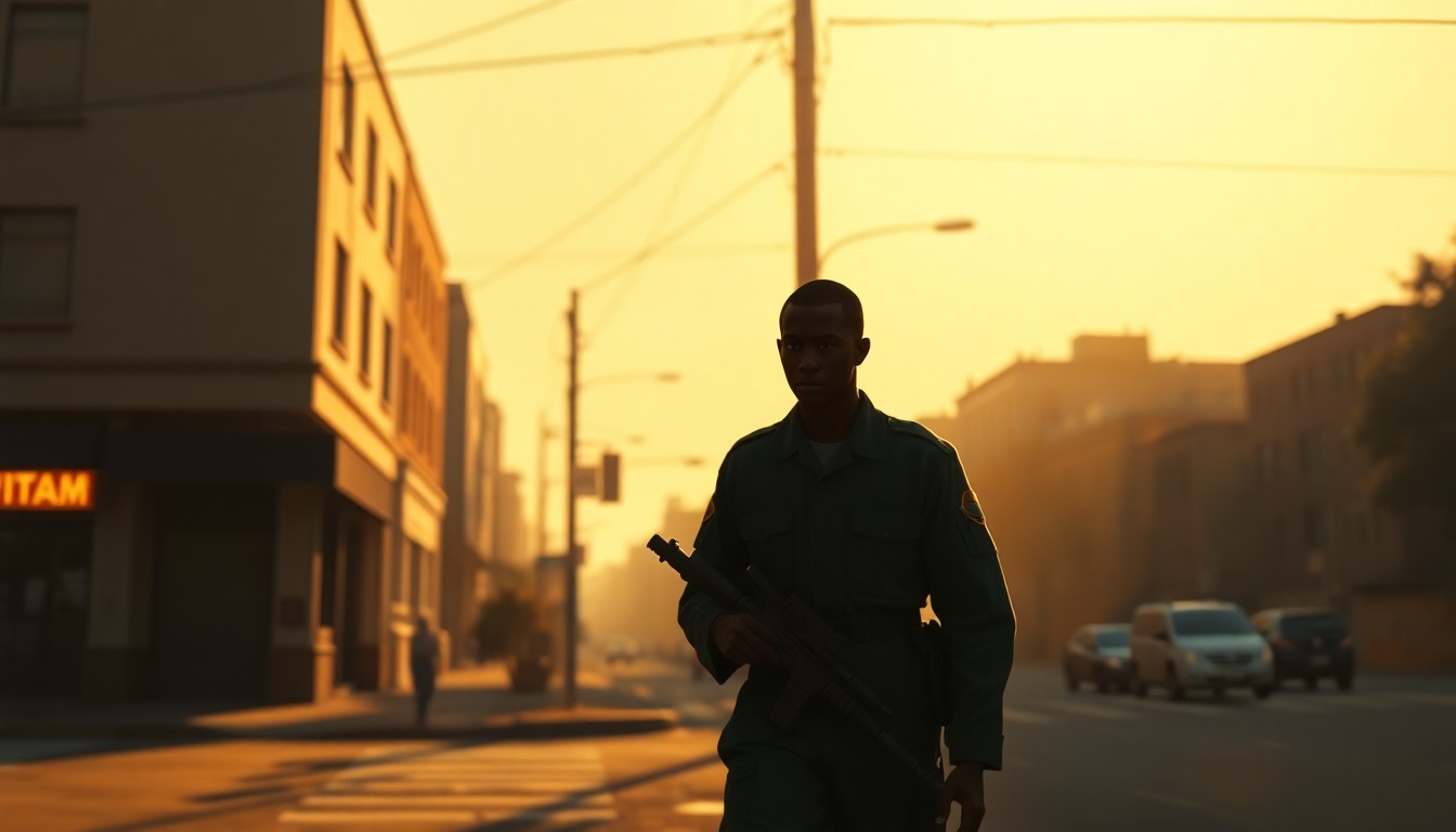 A cinematic painting depicting a lone Black soldier in uniform standing on a dimly lit urban street corner, the warm sunlight casting deep shadows across his face and surroundings, conveying the complex emotions and experiences of the Vietnam War era.