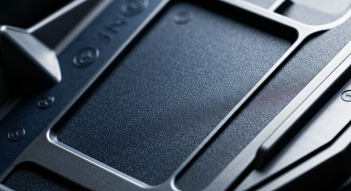 An extreme close-up of a highly textured automotive plastic component, capturing the intricate details and precision engineering of the industry.