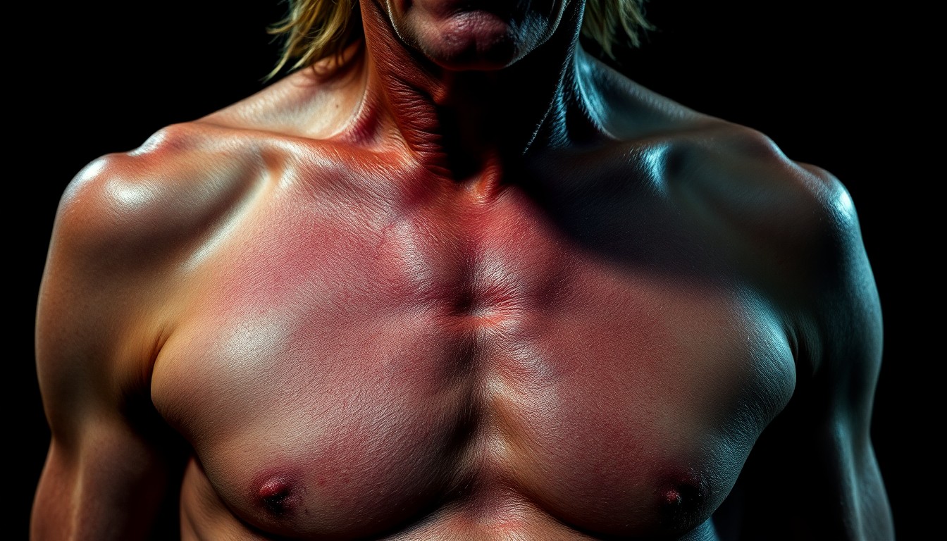 An extreme close-up photograph of Iggy Pop's shirtless, weathered torso, with dramatic high-contrast lighting creating a glitzy, high-fashion aesthetic that conceptually represents the raw power and enduring influence of the Godfather of Punk.