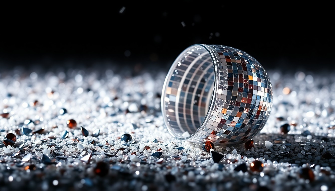An abstract close-up photograph featuring a textured pattern of shimmering sequins and shattered glass, capturing the luxurious and high-energy atmosphere of a celebrity-filled gala event.