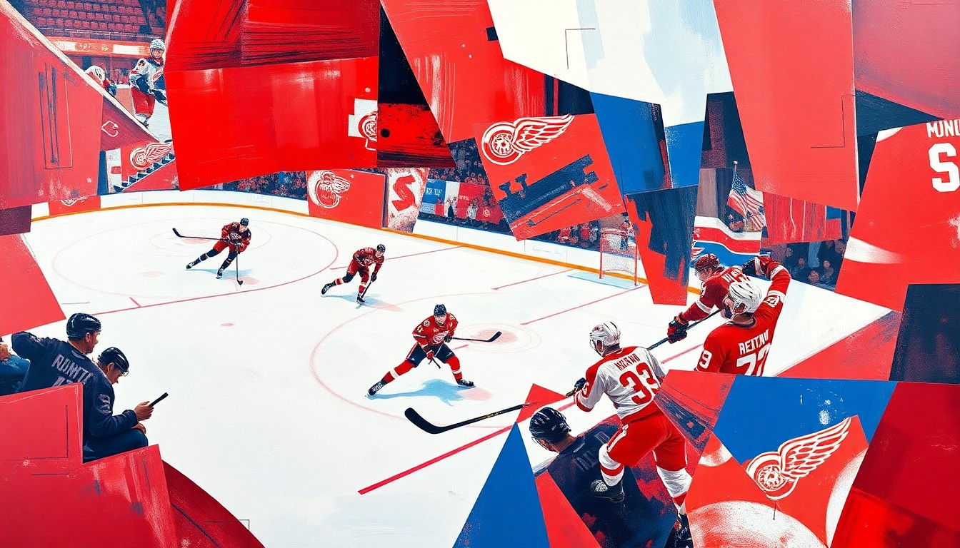 A cubist-style painting depicting a Red Wings hockey player or game scene broken down into sharp, overlapping geometric shapes and planes of red, white, and blue, conveying a sense of fragmentation and disarray.