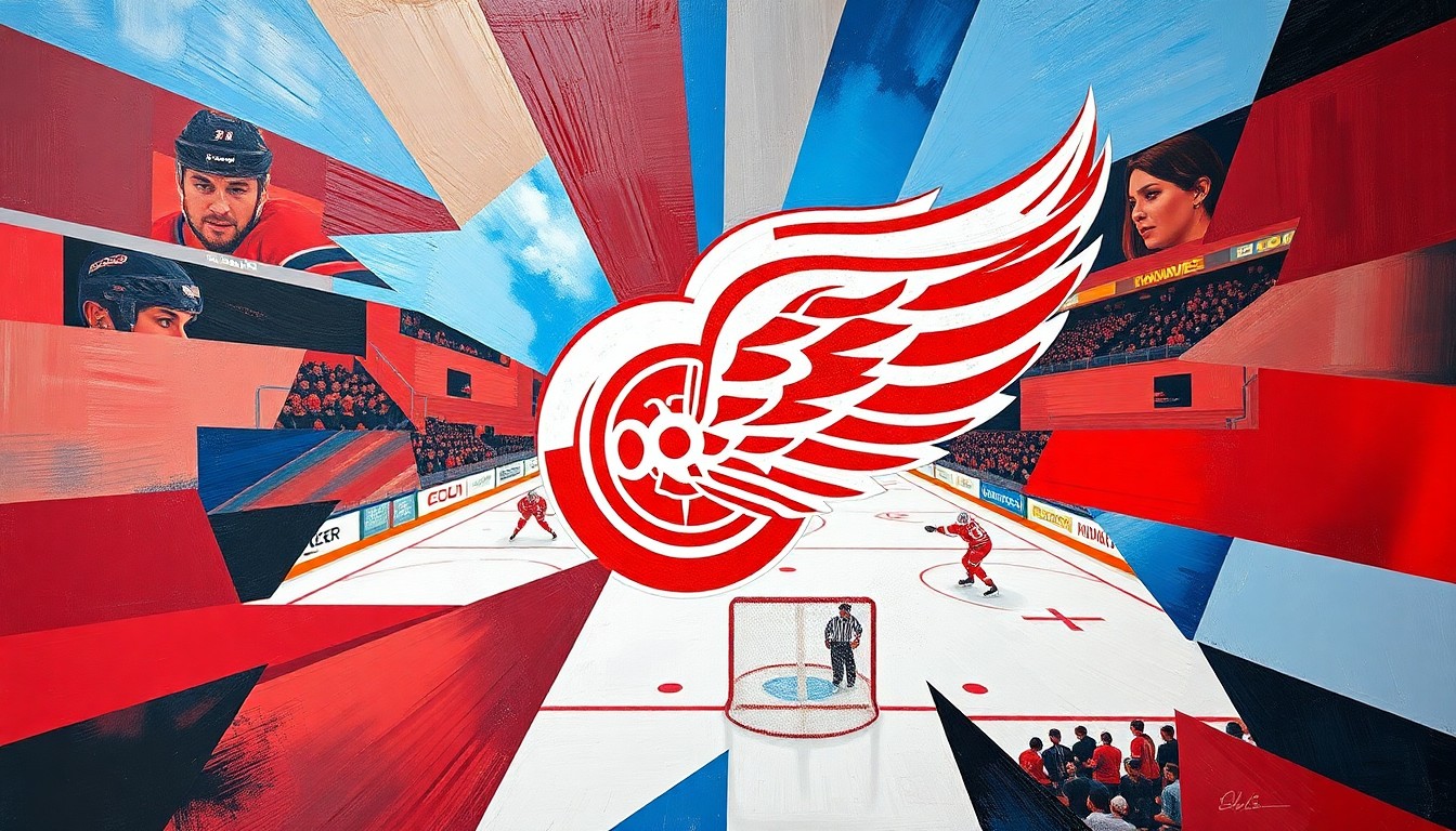 A cubist, geometric painting depicting a fragmented Red Wings hockey game, with sharp planes of red, white, and blue colors representing the team's logo and colors.