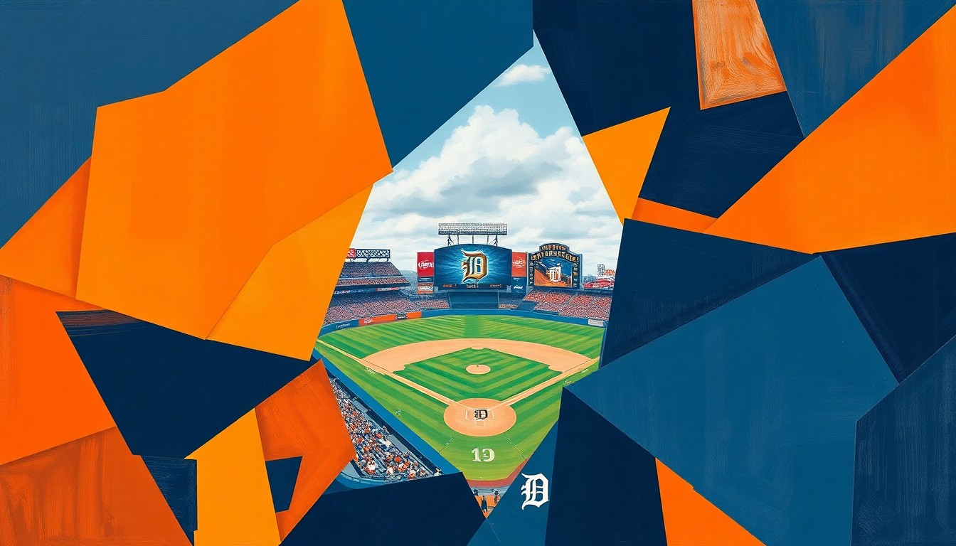A cubist-style painting depicting a Tigers baseball game broken down into sharp, overlapping geometric shapes and planes in the team's official colors of orange, navy, and white, conveying the energy and resilience of the team's performance.