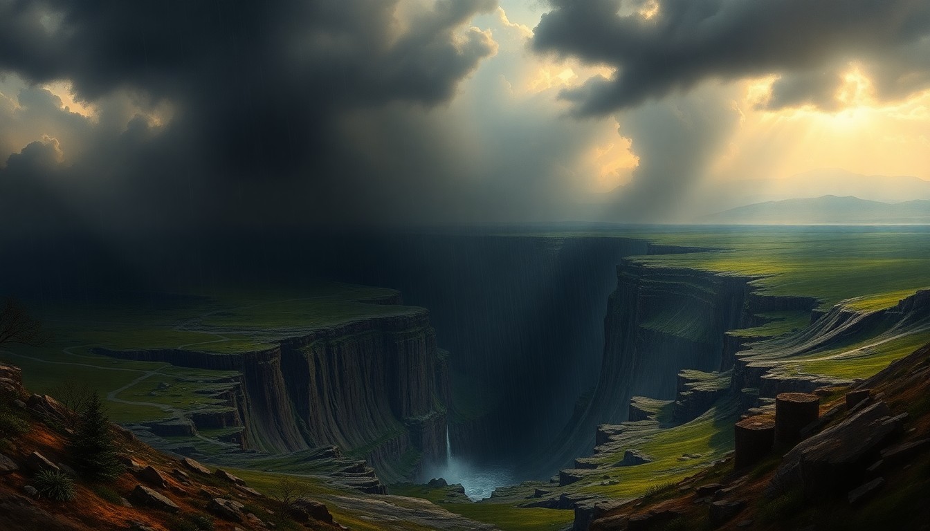 A vast, atmospheric landscape painting depicting a massive sinkhole opening up in the foreground, dwarfing the surrounding buildings and structures with its overwhelming scale and the dramatic, stormy weather conditions.