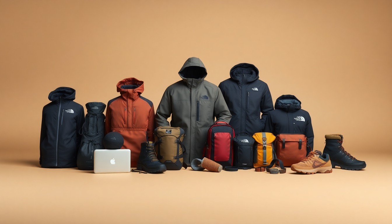 A high-end, photorealistic studio still-life photograph featuring a selection of premium outdoor gear and apparel products arranged elegantly on a clean, monochromatic background, conceptually representing the quality and craftsmanship of the products offered at the new Mountain High Outfitters store in BridgeWay Station.