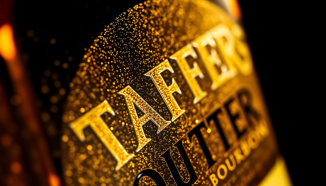 An extreme close-up photograph of the luxurious, glittering texture of a bottle of Taffer's Browned Butter Bourbon, captured in dramatic high-contrast studio lighting to showcase the premium quality and craftsmanship of the spirit.