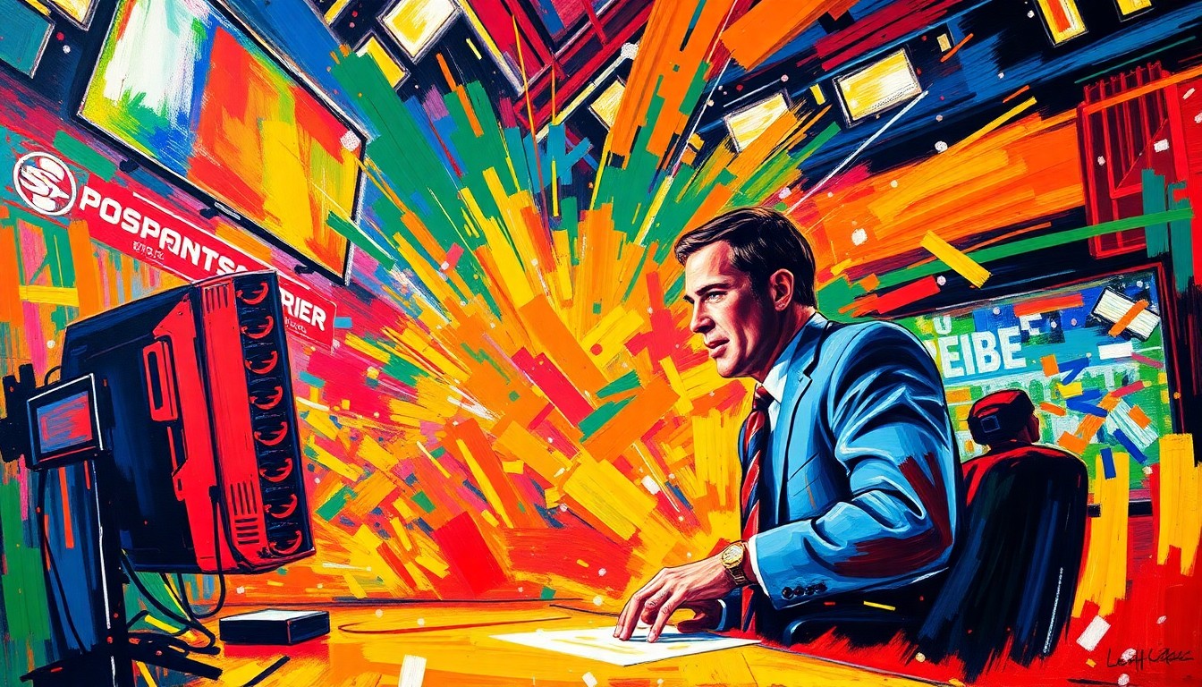 An abstract, energetic painting in neon colors and bold brushstrokes, capturing the excitement and emotion of a sports broadcaster's comeback to a beloved program.
