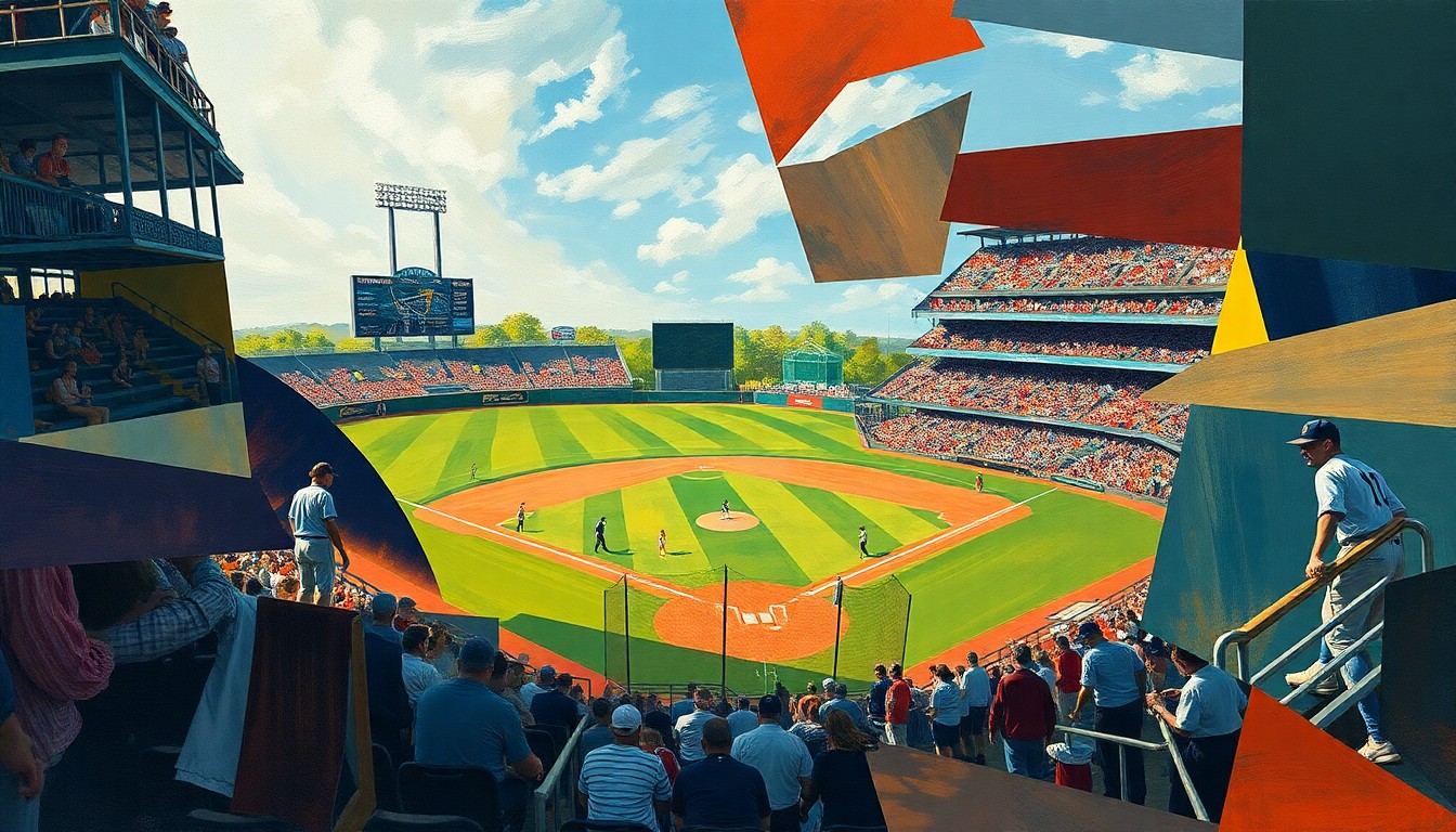 A cubist, geometric painting depicting a high school baseball game, with the players and field broken down into overlapping, angular shapes and planes in a variety of colors.