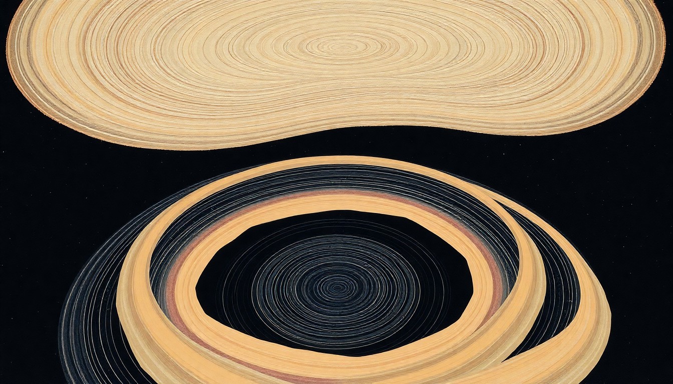 A highly structured abstract painting in soft, earthy tones depicting the Lyrid meteor shower as a sweeping, concentric composition of intersecting waveforms and precise celestial spirals, conveying the beauty and order of the cosmic event.