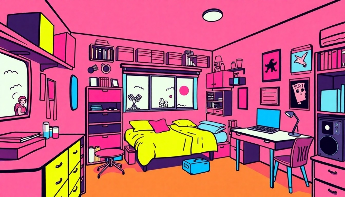 A high-contrast, silkscreen-style illustration featuring repeated images of a stylized college dorm room interior in bright, neon colors, capturing the energy and community of the new Womack Commons housing at MTSU.