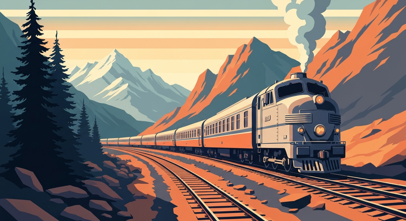 A highly stylized, geometric illustration depicting the sweeping curves and towering mountains of the historic rail loops near Old Fort, North Carolina, capturing the grand scale and romance of rail travel in the region.