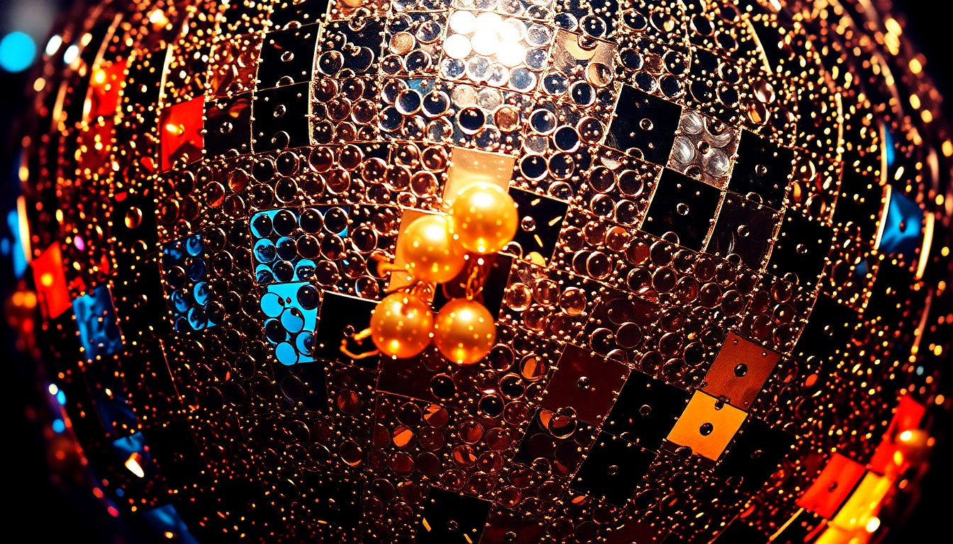 An abstract close-up photograph showcasing the shimmering, glittering textures of sequins and disco ball fragments, captured in dramatic high-contrast studio lighting to evoke the energy and opulence of a vintage carnival celebration.