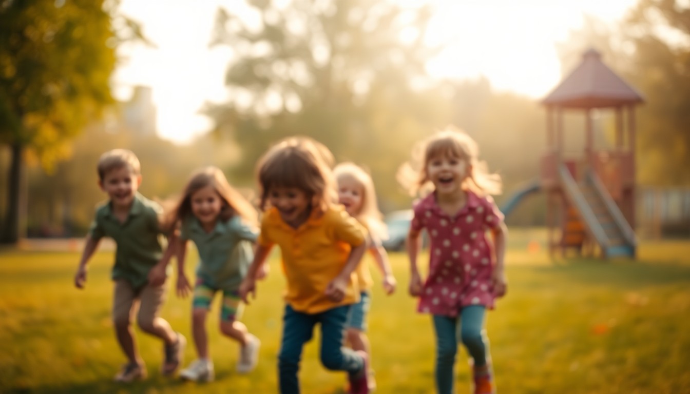 A dreamy, impressionistic photograph in soft, warm tones showing a group of children playing together in a park, with blurred shapes of trees and playground equipment in the background, capturing the spirit of community and enrichment in Bridgeport's summer youth programs.