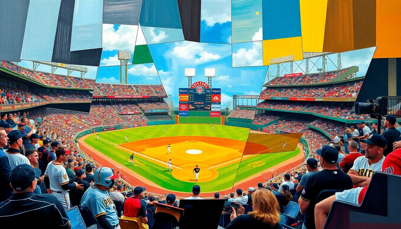 A fragmented, geometric painting in bold colors depicting a baseball game between the Pittsburgh Pirates and Washington Nationals, with overlapping planes and perspectives that capture the dynamic tension of the matchup.