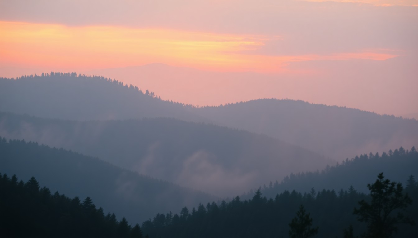 An extremely abstracted, out-of-focus photograph of a wooded mountain ridge at sunset, with soft pools of warm orange and pink light filtering through the trees, conceptually representing the peaceful natural setting that may be impacted by the proposed development.