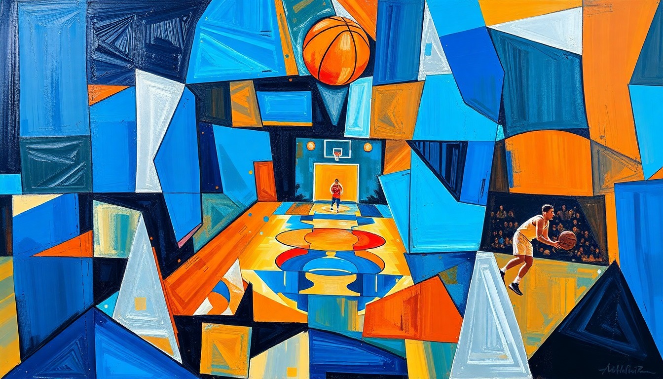 A cubist-style painting depicting a basketball game broken down into overlapping geometric shapes and planes in vibrant colors, conceptually representing the Warriors' season and Podziemski's consistent play.