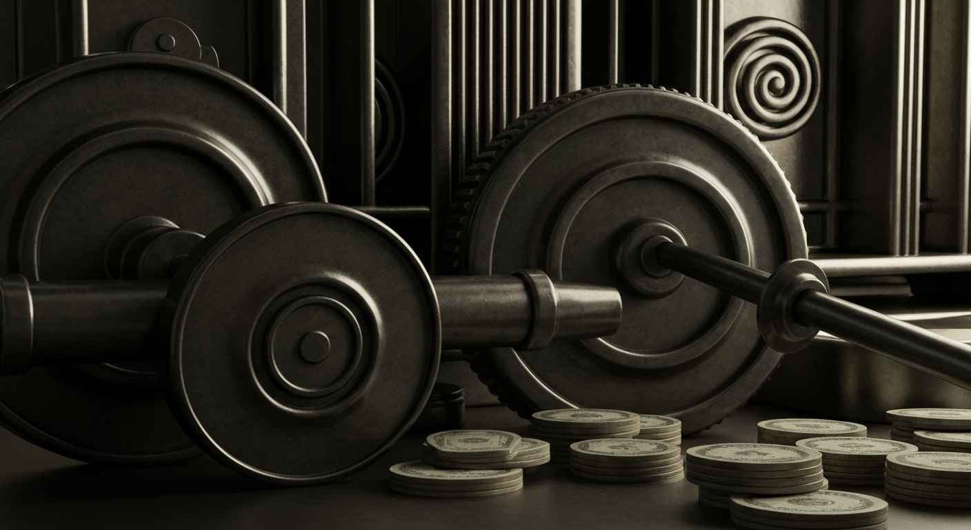 An extreme close-up of gears, levers, and other heavy industrial components, conveying the tangible, mechanical nature of financial institutions and transactions.
