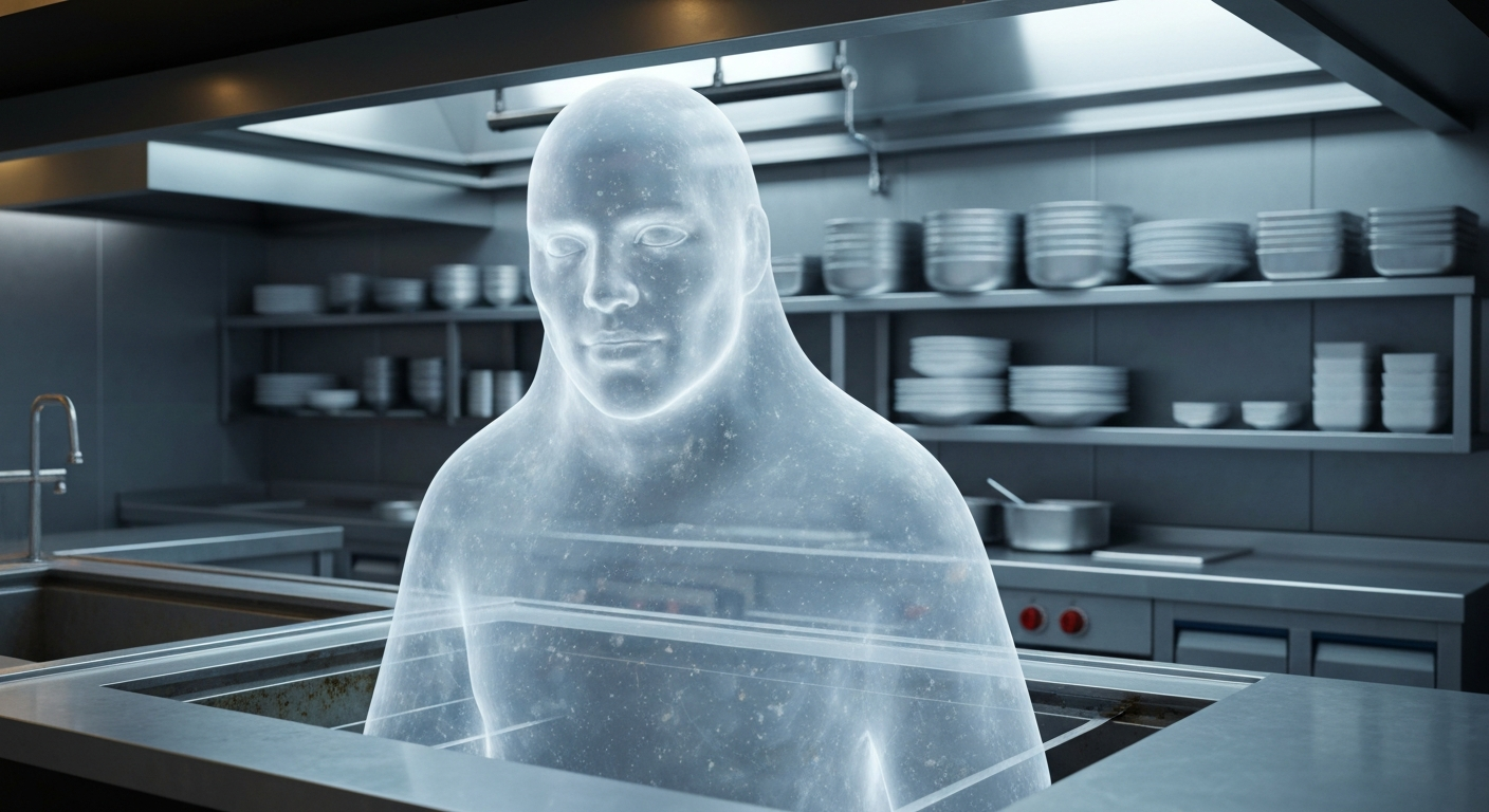 A translucent X-ray photograph showing the internal structures of a restaurant kitchen counter, with ghostly outlines of rodent droppings, insects, and other contaminants visible, conveying the unseen health risks uncovered by inspectors.