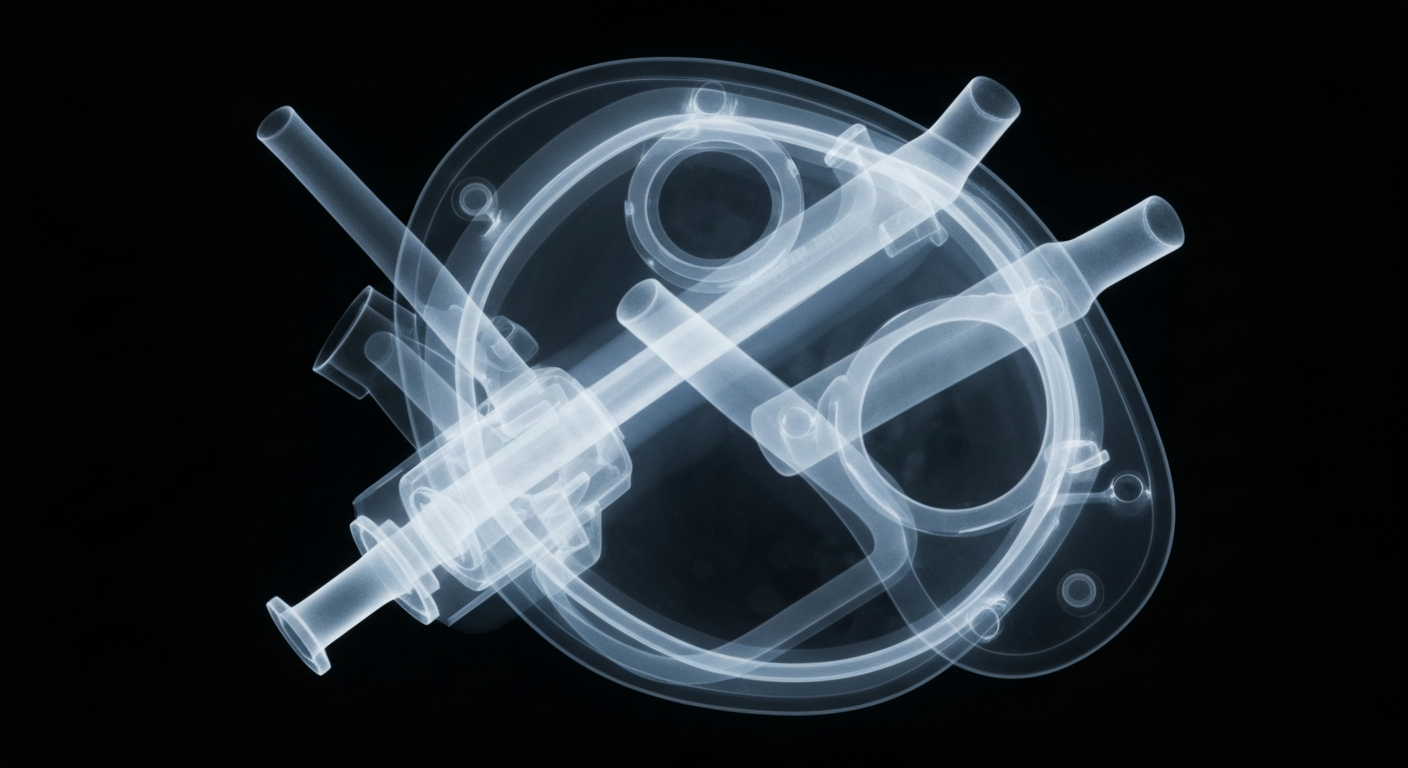 A translucent, ghostly X-ray photograph revealing the internal structure of a medical device in shades of blue and grey against a dark background, conceptually representing the rising Medicaid spending on healthcare in Woodridge.