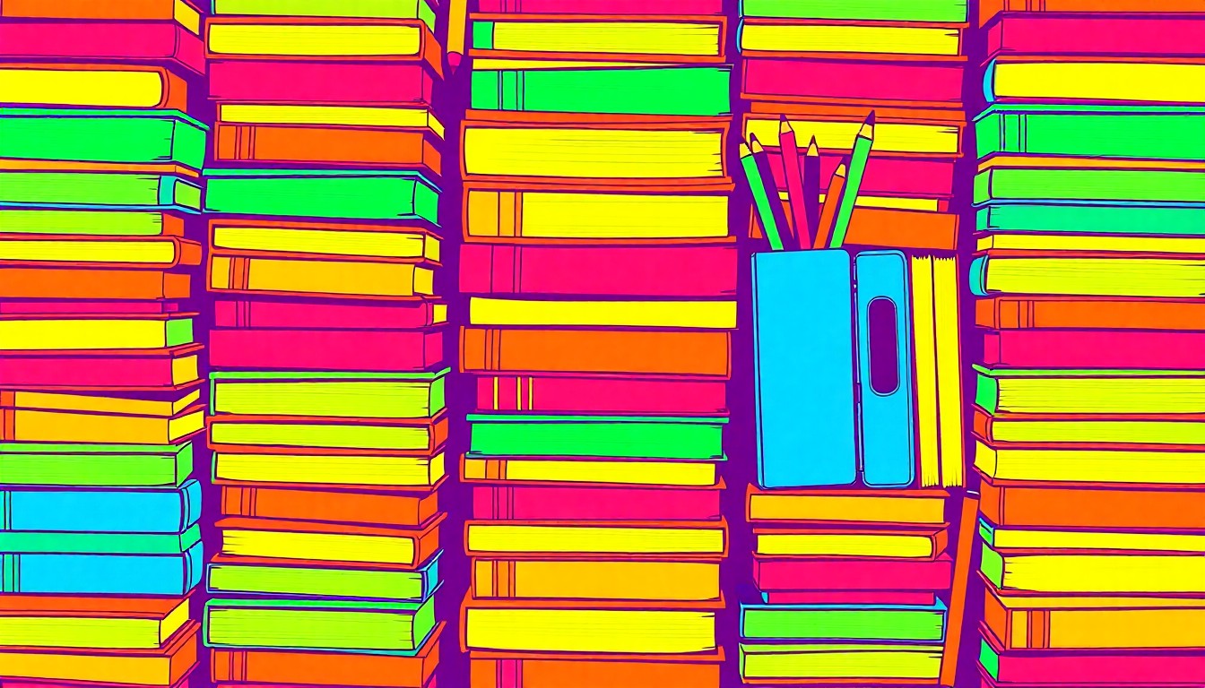 A high-contrast silkscreen print featuring a grid of brightly colored school supplies and textbooks, conceptually representing the stability and prominence of Vernon Hills' educational institutions.
