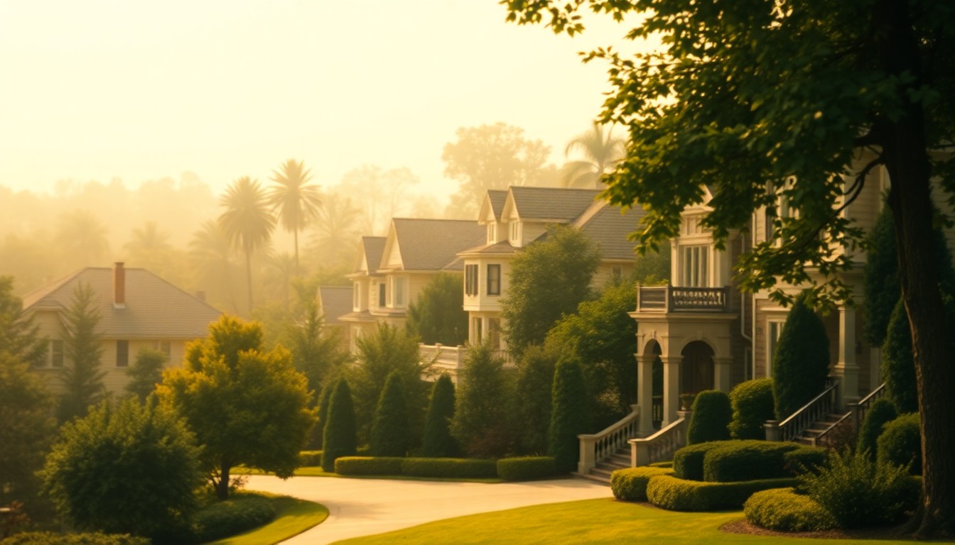 An abstract, impressionistic photograph in soft, blurred tones depicting the exterior of an upscale home surrounded by greenery, conveying the atmosphere of an affluent residential neighborhood.