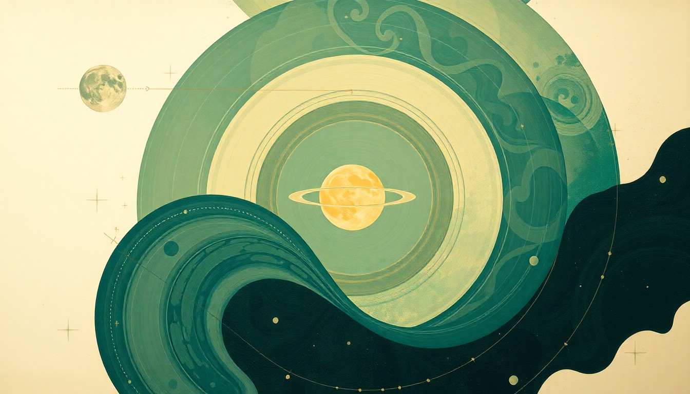 An abstract painting in soft, earthy tones of green, blue, and gold, featuring sweeping geometric arcs, concentric planetary circles, and precise botanical spirals, representing the Artemis II mission and the human achievement of the diverse crew's journey to the moon.