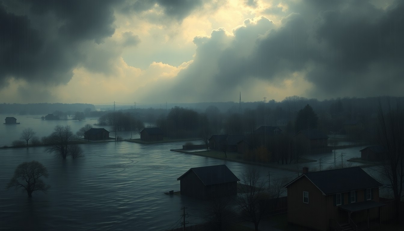 A sweeping, atmospheric landscape painting depicting a flooded Rockford neighborhood, with physical structures and objects dwarfed by the rising floodwaters under a dramatic, stormy sky.