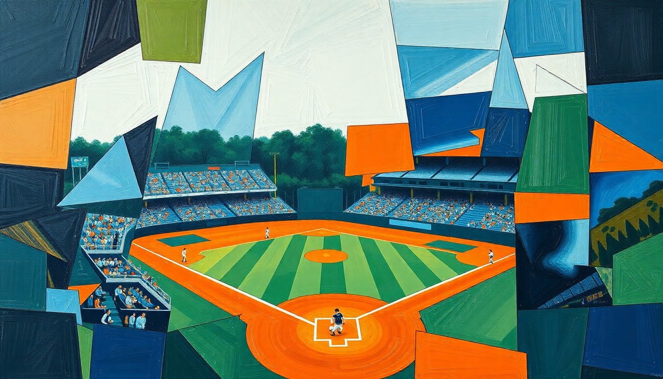 A fragmented, geometric painting depicting a high school baseball game from multiple angles, with sharp planes of navy, green, and orange colors representing the intensity and movement of the sport.