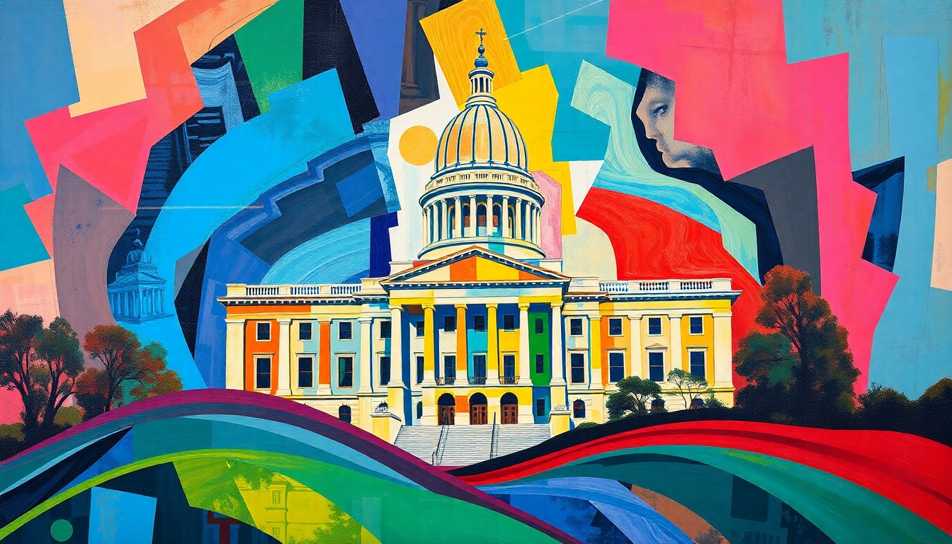 A dynamic, abstract painting featuring overlapping geometric shapes and waves of vibrant colors, conceptually representing the competitive and fast-paced nature of the South Carolina governor's race.