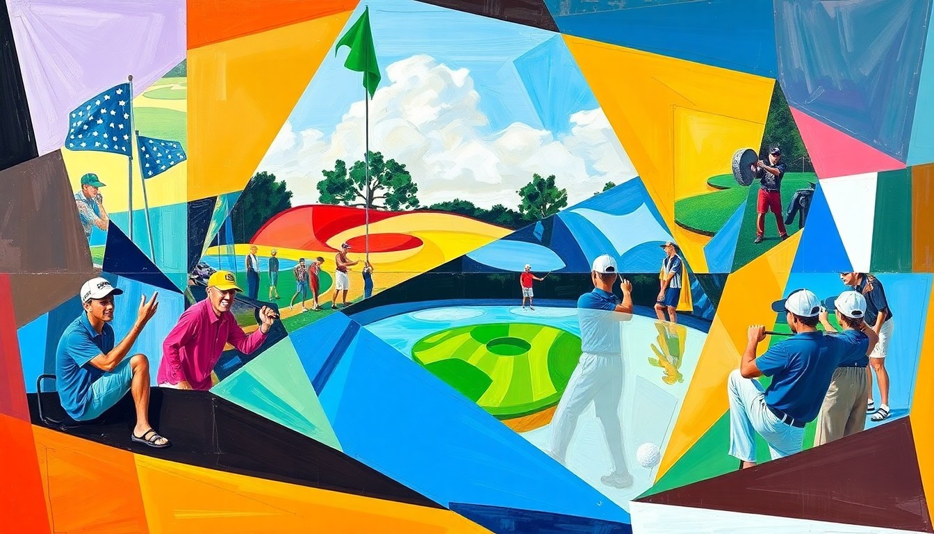 A fragmented, geometric painting depicting the overlapping perspectives and dynamic action of a junior golf tournament, rendered in a cubist style.