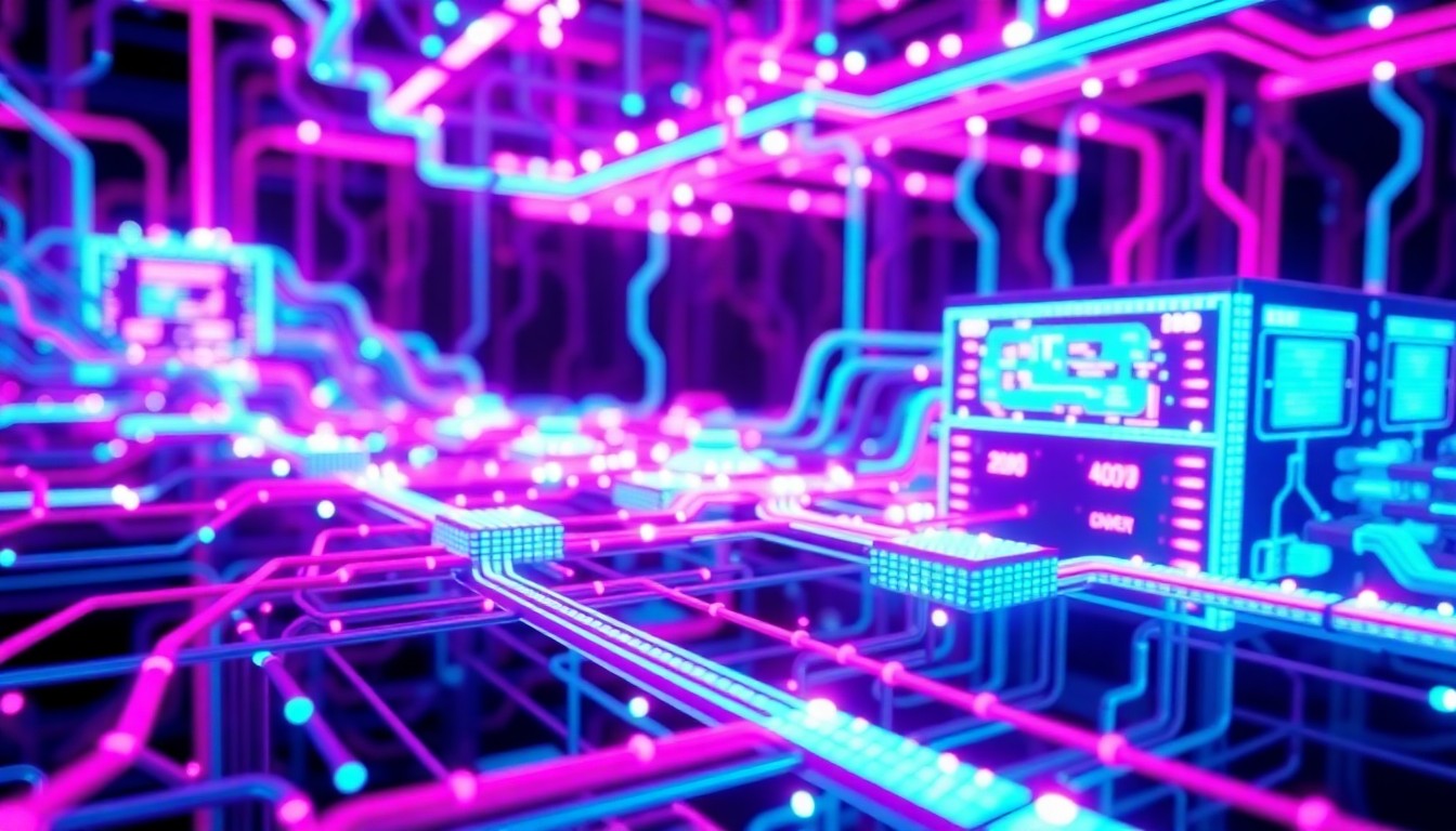A highly detailed, glowing 3D illustration of a complex network of interconnected circuits, cables, and data servers in shades of neon blue, purple, and magenta, conceptually representing the immense power and potential of advanced AI technology.