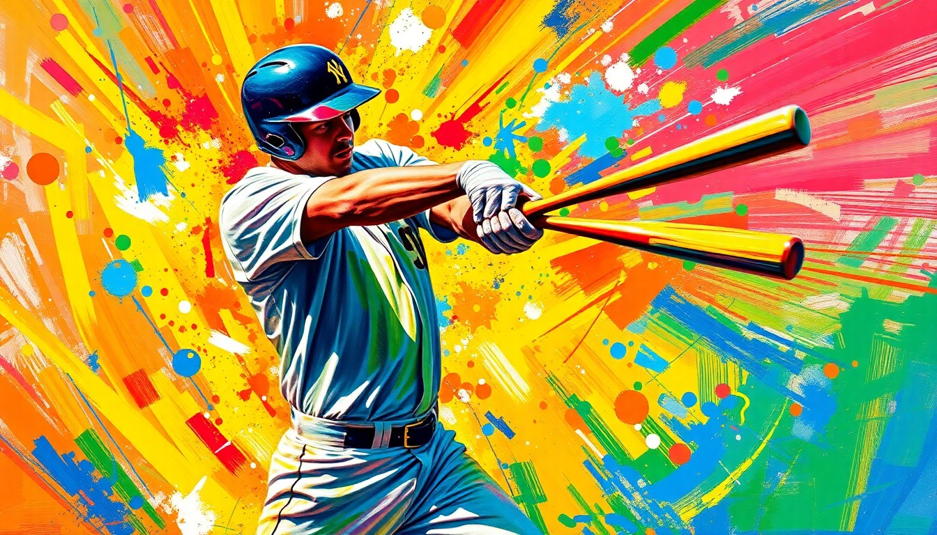 An extreme close-up of a baseball player's bat making contact with the ball, captured in a vibrant, expressionist painting style using rapid brushstrokes and neon colors to convey the raw energy and movement of the swing.
