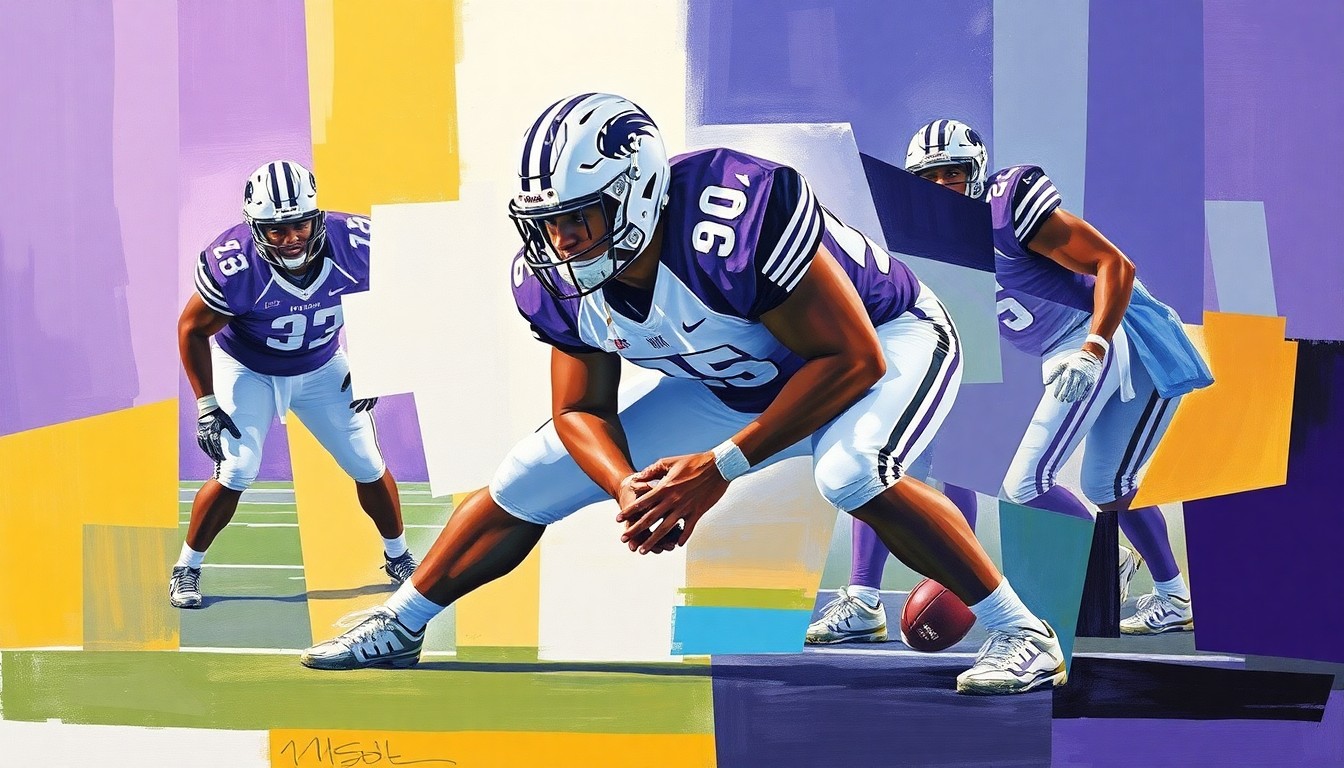 A fractured, multi-perspective painting depicting the blocking movements of a football center, with sharp geometric planes in the official colors of Kansas State University.