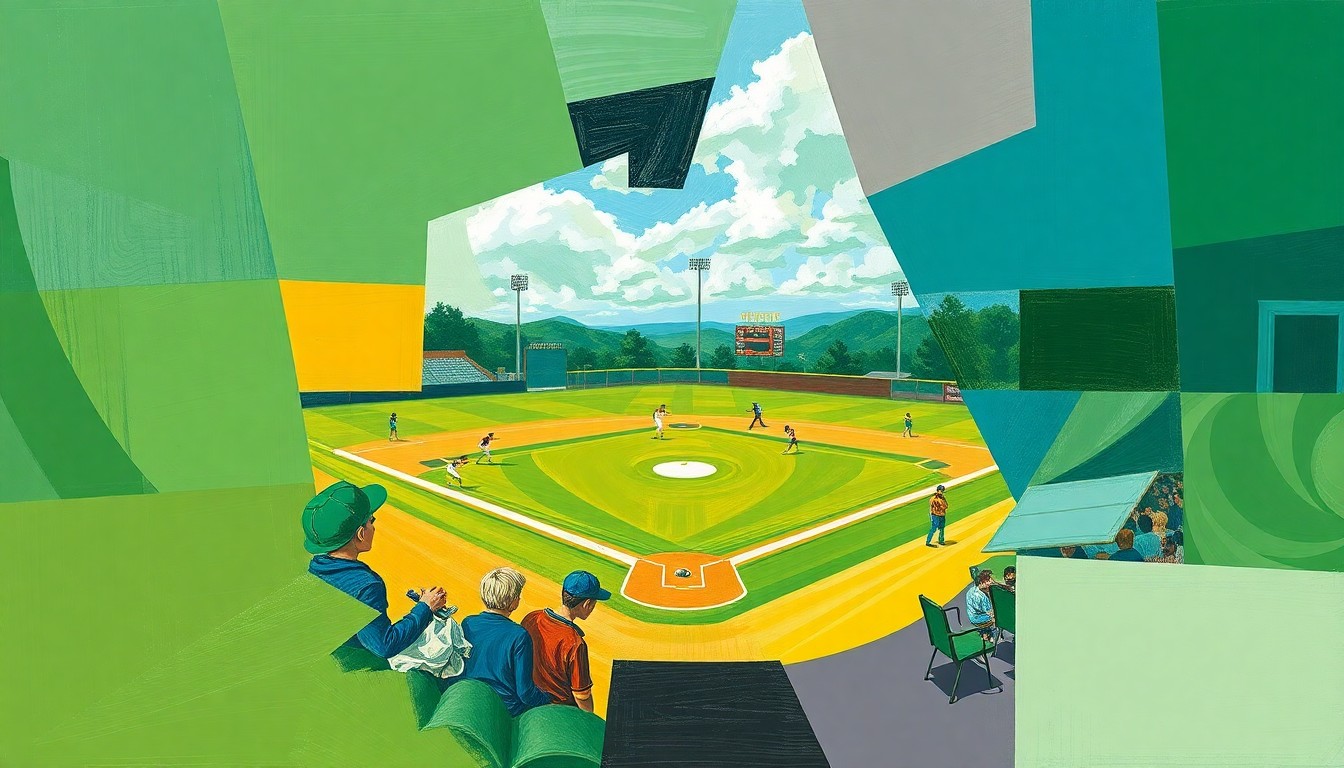 A fragmented, geometric painting in shades of green, blue, and yellow, depicting the overlapping action and perspectives of a high school softball game in an abstract, cubist style.