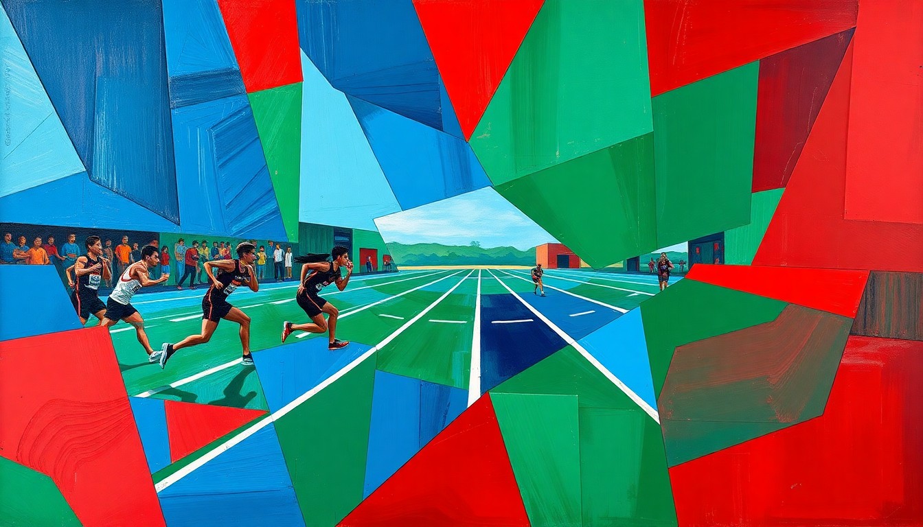 A fragmented, geometric painting in shades of blue, green, and red, depicting the motion and action of a high school track and field event in an abstract, deconstructed style.