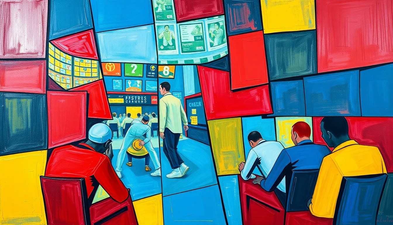 A fractured, cubist-style painting depicting a sports betting scene, with sharp geometric shapes and planes in vibrant colors, conceptually representing the new frontier of legal sports wagering in Missouri.