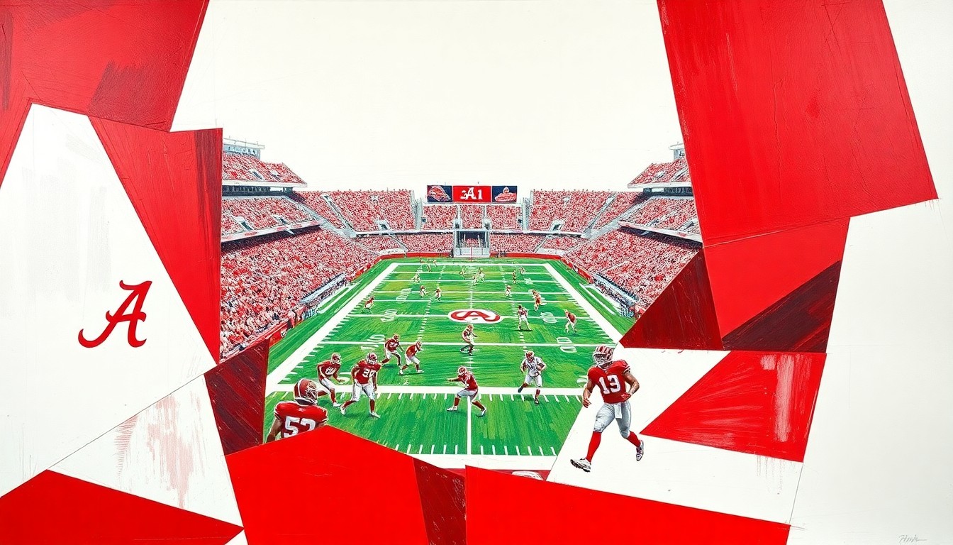 A cubist, geometric painting featuring overlapping planes of crimson and white, abstractly representing an Alabama football game or practice session.