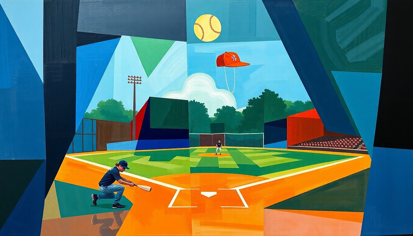 A fragmented, geometric painting depicting the various elements of a high school softball game, with players, the field, and the ball broken down into overlapping planes of color.