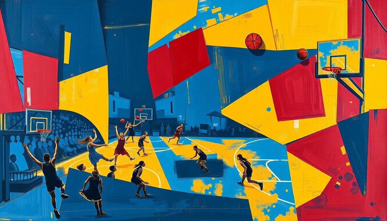 A fragmented, geometric painting depicting the dynamic movements and energy of a girls' basketball game, with sharp planes of navy, red, and yellow conveying the sport's intensity.