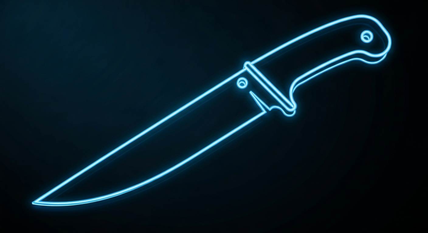 A glowing neon outline of a chef's knife against a dark background, the blade pulsing with a red glow, conceptually representing food safety concerns in the restaurant industry.