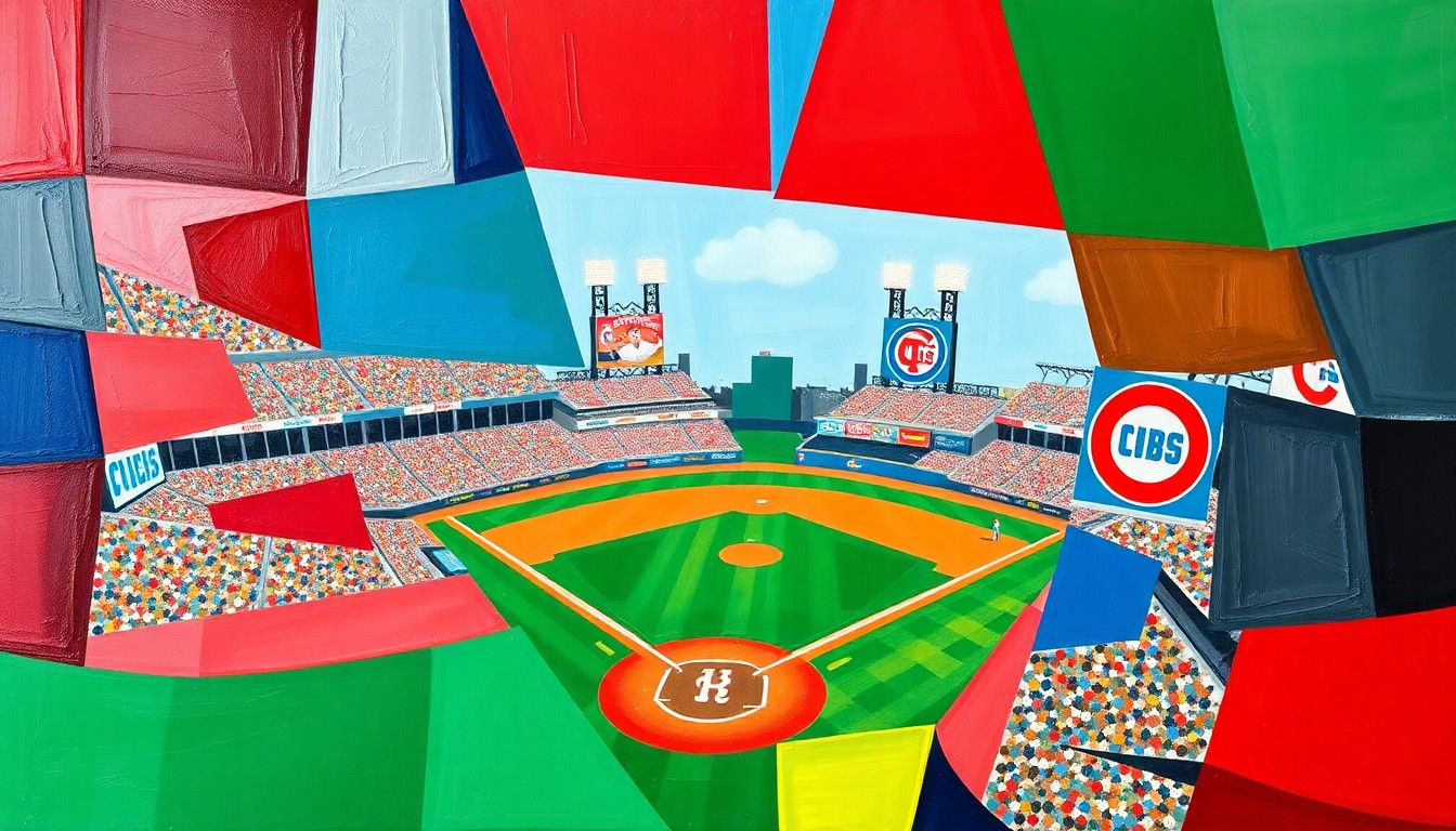 A fragmented, geometric painting in bold colors depicting a baseball game in motion, with players and field elements broken down into sharp, overlapping shapes.